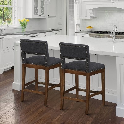 Dark Gray Upholstered Counter Stool with Wood Base