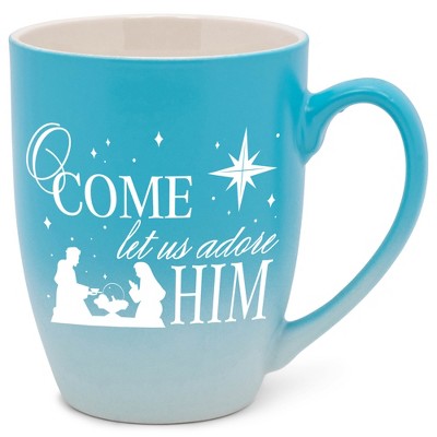 Elanze Designs O Come Let Us Adore Him Two Toned Ombre Matte Teal and White 12 ounce Ceramic Stoneware Coffee Cup Mug