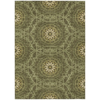 Olive Green Artichoke Green And Gold Floral Medallion Washable Indoor Outdoor Area Rug