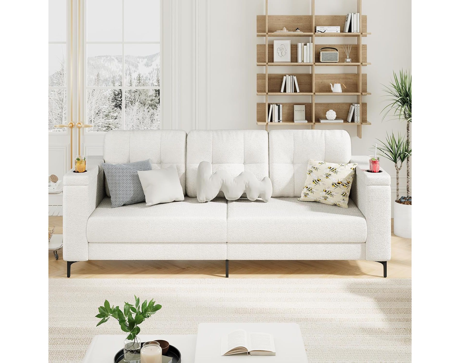 83'' Couches for Living Room, Small Sofa with Convenient Side Pockets, Comfy Teddy Couch with Cup Holders and Storage Armrests