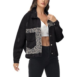 Anna-Kaci Women's Leopard Print Long Sleeve Crop Denim Jacket for Casual Looks - 1 of 4
