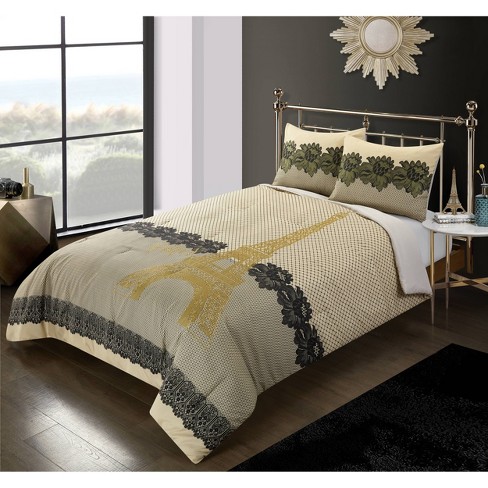 King Paris Lace Comforter Set Gold, King Size Paris Themed Bedding Set