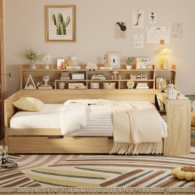 Kumasinova Versatile Twin/Full Size Daybed with Twin Size Trundle,Storage Shelves & Study Desk,Wooden Slatted Platform Bed Frame with 550lbs Max