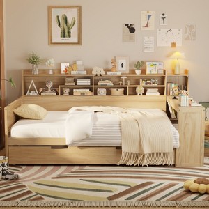 Kumasinova Versatile Twin/Full Size Daybed with Twin Size Trundle,Storage Shelves & Study Desk,Wooden Slatted Platform Bed Frame with 550lbs Max - 1 of 4