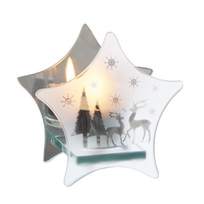 Ganz 4.25" Frosted Glass Snowflake and Reindeer Mirrored Star Tea Light Candle Holder - Clear