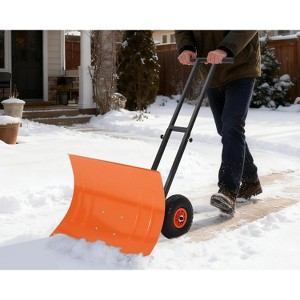 Snow Shovel with Wheels, 29" Snow Pusher Shovel for Driveway, Sidewalk, Yard, Adjustable Angle Height, High Blade Design - 1 of 4