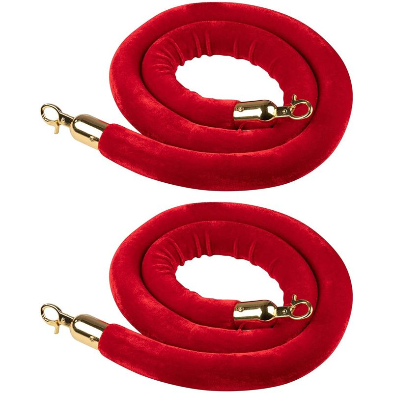 Juvale 2 Pack Red Velvet Stanchion Rope, 5 Feet Crowd Control Barriers with Polished Gold Hooks, 1 of 7