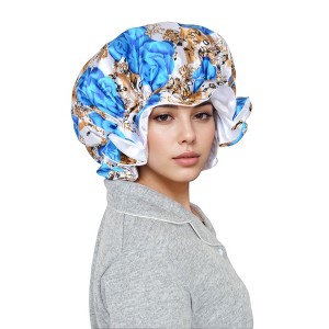 Anna-Kaci Satin Lined Print Bonnet Large Ruffled Edge Adjustable Sleep Cap for Natural Hair Protection - 1 of 4