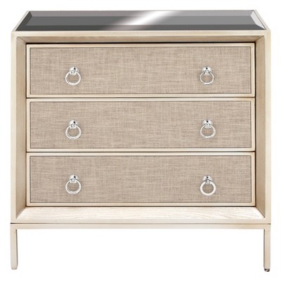 Beige Upholstered 3 Drawer Chest with Mirrored Top and Ring Handles
