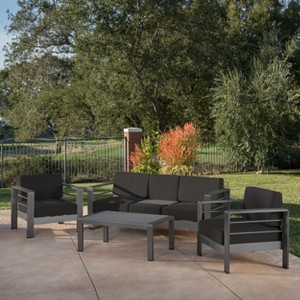 GDFStudio Omar 4 Piece Modern Outdoor Aluminum Conversation Set with Convertible Tray and Coffee Table - 1 of 4