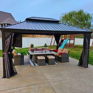 PURPLE LEAF Outdoor Gazebo Aluminum Frame Galvanized Steel Double Roof Patio Hardtop Gazebo with Curtains and Netting for Patio Lawn and Garden - 1 of 4