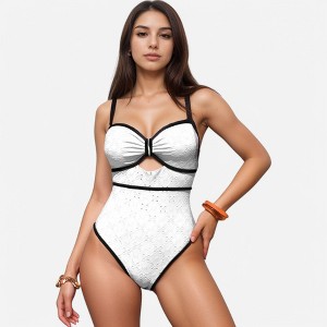 Anna-Kaci Swim Women's Eyelet Lace One Piece Swimsuit with Keyhole Cutout and Contrast Trim Detail - 1 of 4