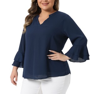 Women's Plus Size Chiffon Notched Neck 3/4 Bell Sleeve Double Layered Dressy Work Tunic Blouses - Agnes Orinda - 1 of 4