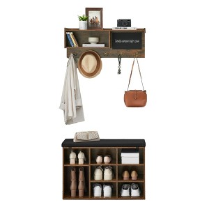 31.5 Inch Entryway Shoe Bench with Coat Rack,Cushioned Storage Seat & Cubbies,Hall Tree Wall Mount with Hooks, Blackboard & Extra Storage - 1 of 4