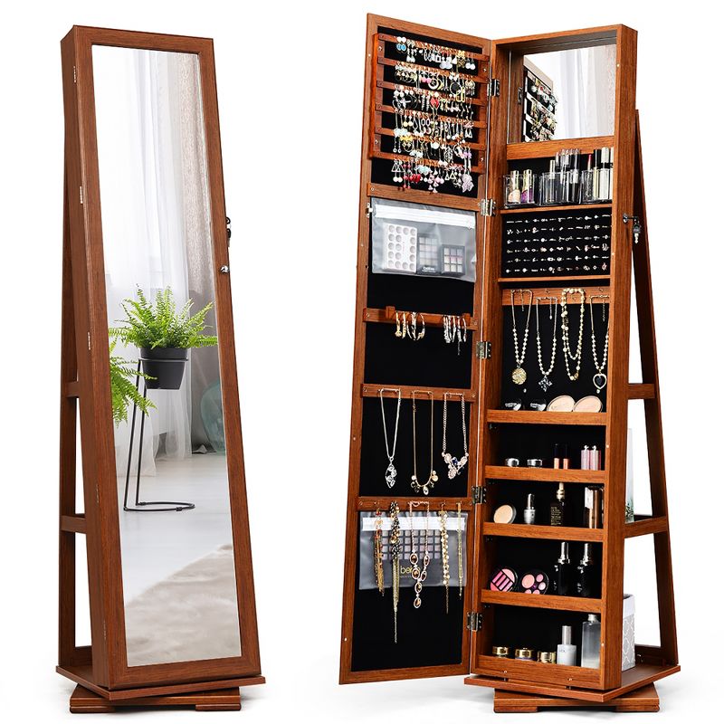 Costway 360degree Rotatable Jewelry Cabinet 2-in-1 Lockable Mirrored Organizer, 1 of 11