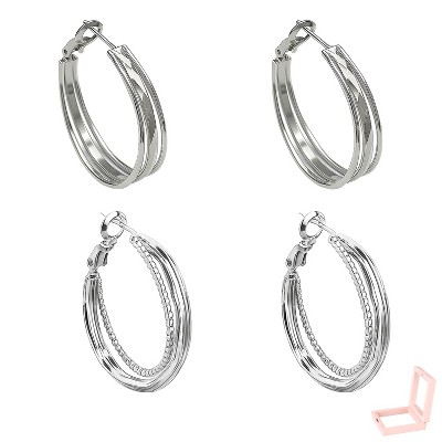 2-Pair Women's Silver-Tone Hoop Earrings Set, Minimalist Multi-Row & Textured Designs, Stylish for Women