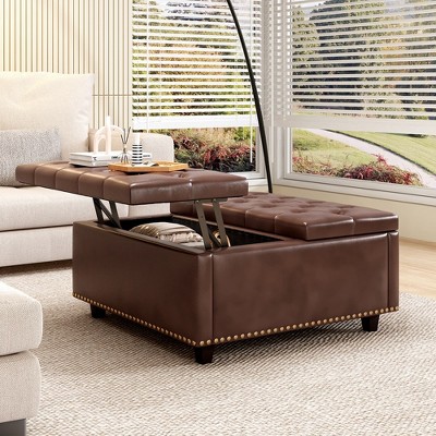 32" Square Storage Bench, Leather Lift-Top Ottoman Cube Bench, Coffee Table Ottoman With Large Storage Space,  Storage Coffee Table For Living Room