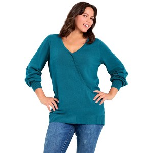 Avenue Women's Plus Size Faux Wrap Pull Over Sweater - 1 of 2