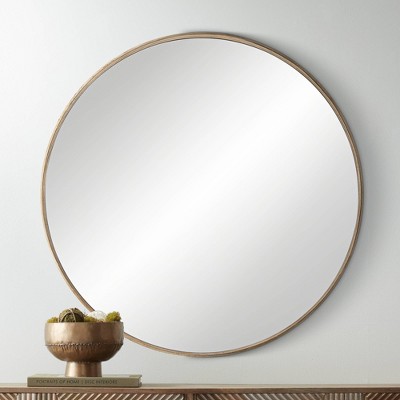Natural Wood Round Wall Mirror with Ivory Distressing