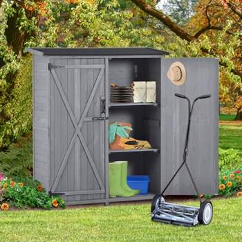 3-tier Fir Wood Outdoor Patio Tool Shed, Storage Shed Cabinet with Waterproof Asphalt Roof and Double Lockable Doors - Maison Boucle