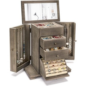 Rustic Wooden Jewelry Boxes & Organizers with Mirror, 4 Layer Jewelry Organizer Box (Rustic Brown) - 1 of 4