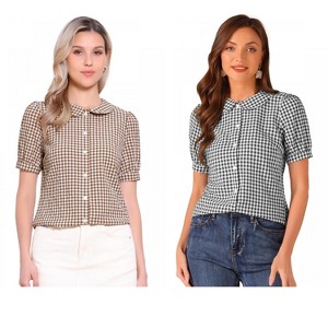 INSPIRE CHIC Women's Plaid Gingham Puff Short Sleeve Peter Pan Collar Button Down Shirt 2 Packs - 1 of 4