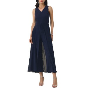 INSPIRE CHIC Women's V-neck Sleeveless Wide Leg Chiffon Cocktail Jumpsuits - 1 of 4