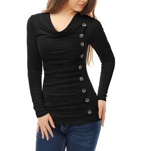 Allegra K Women's Cowl Neck Long Sleeves Buttons Decor Solid Ruched Top - 1 of 4