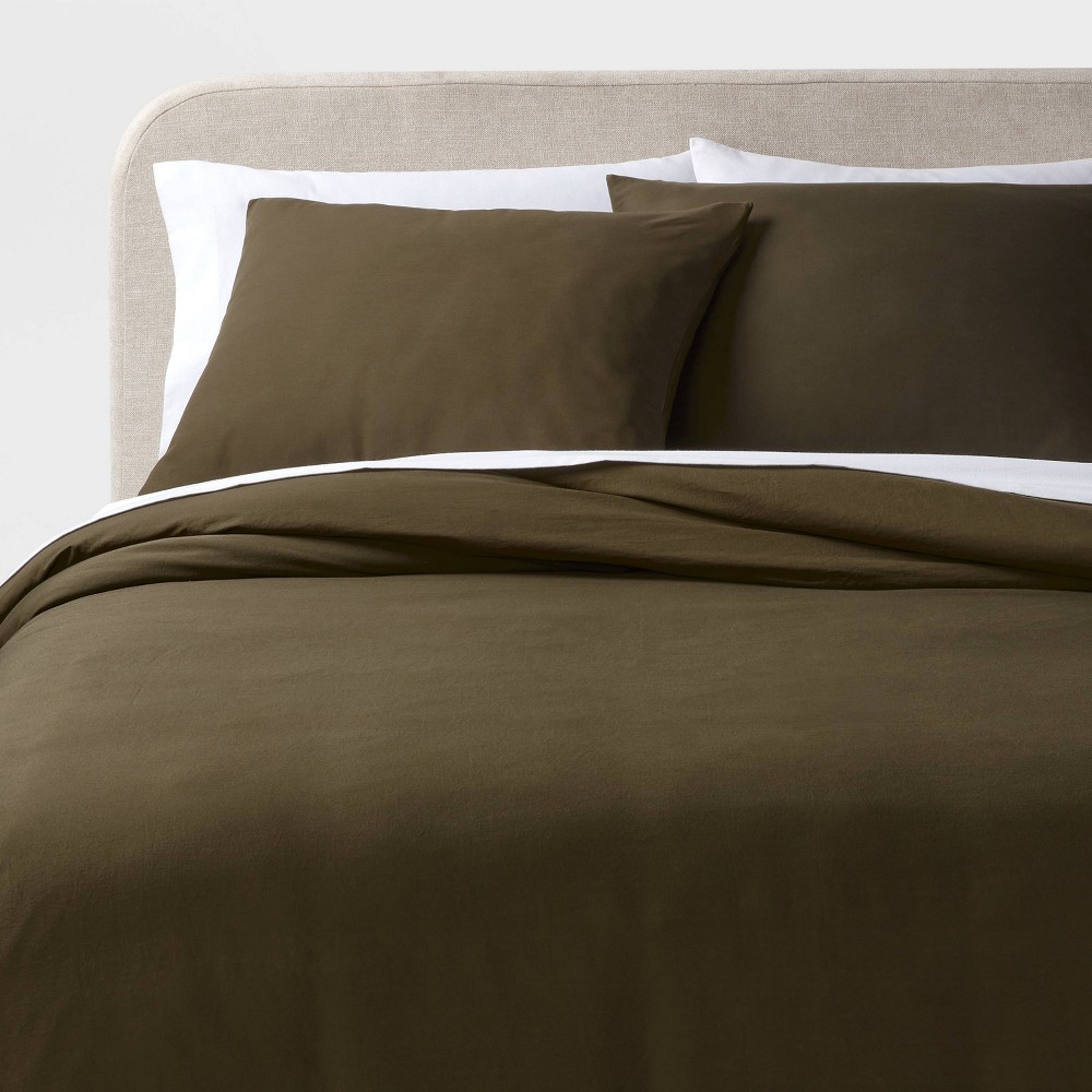 Photos - Bed Linen King Washed Cotton Sateen Duvet Cover and Sham Set Dark Olive Green - Thre