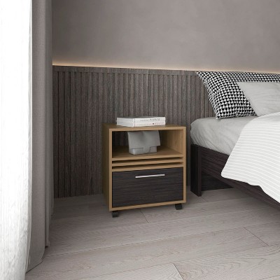 Vynxaria Modern Nightstand: Stylish Storage with Wheels in Natural Oak & Black