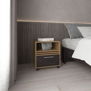 Vynxaria Modern Nightstand: Stylish Storage with Wheels in Natural Oak & Black - 1 of 4