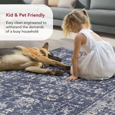 Reversible Vintage Florid Blue Synthetic 9' x 12' Area Rug