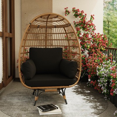360° Swivel Oversized Egg Chair, PE Rattan Patio Lounge Chair with Plush Cushion, Steel Frame & Metal Base, Waterproof Wicker Basket Design