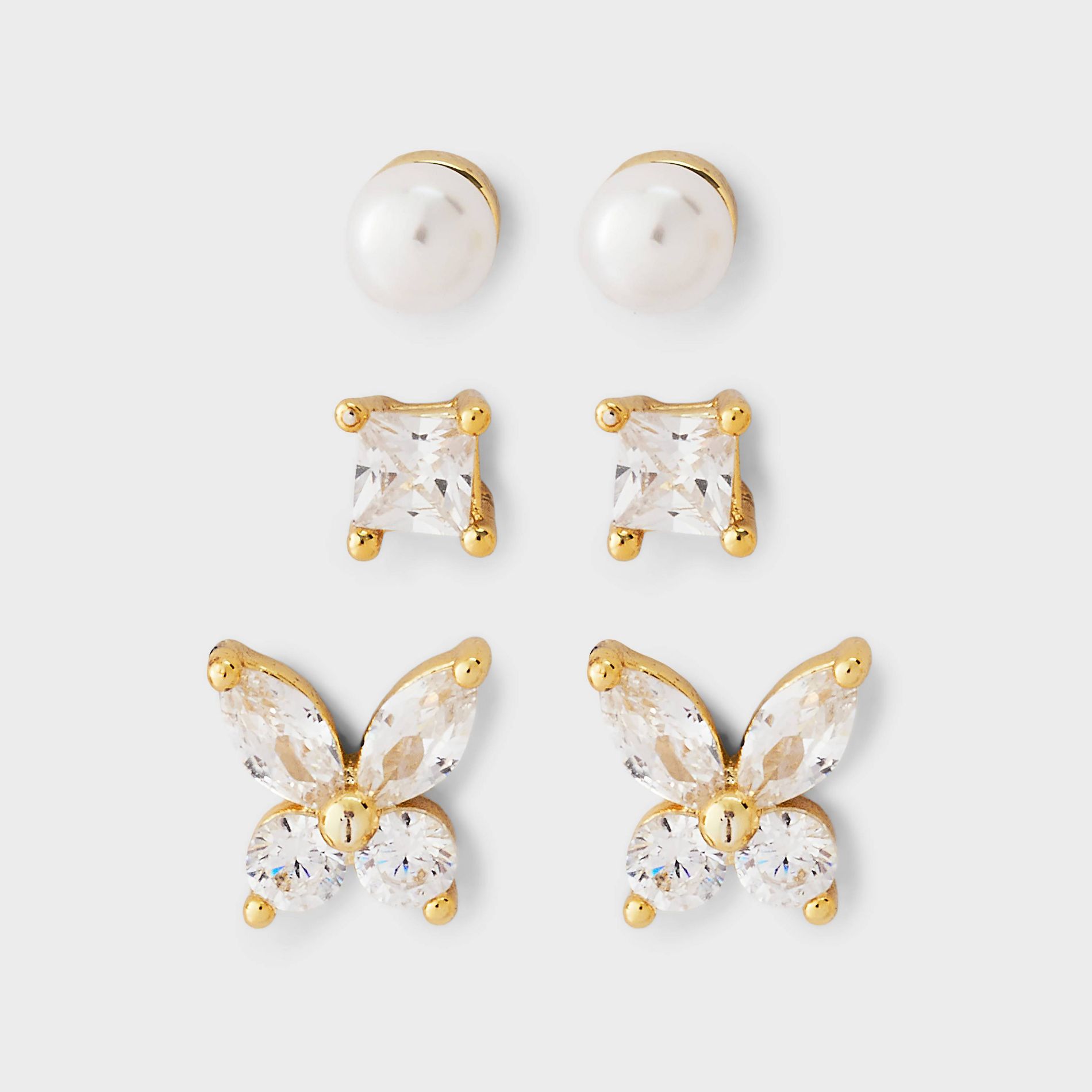 14K Gold Plated & Cubic Zirconia Butterfly with Square Stud Stainless Steel Post Earring Set 3pc - A New Day™ Gold