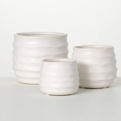 Sullivans 5", 4" & 3" Matte Ivory Ribbed Round Pots Set of 3, White