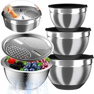 Itopfox Stainless Steel Mixing Bowls Set with Airtight Lids, Colander & Grater, Non-Slip Bottoms, Great for Mixing & Serving, Black - 1 of 4