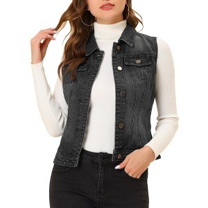 INSPIRE CHIC Women's Buttoned Washed Denim Vest with Faux Chest Flap Pockets - 1 of 4