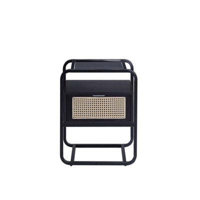 Black Metal and Wood Accent Table with Rattan Drawer