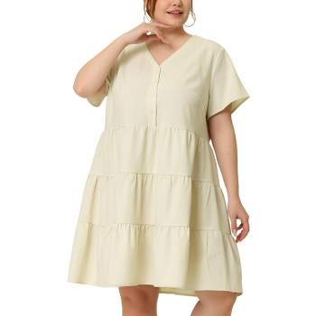 Agnes Orinda Women's Plus Size Tiered V Neck Short Sleeve Summer Casual Buttons T-Shirt Dresses