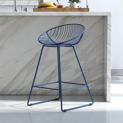 QingMoon Wire Bar Stool, Tall Counter Height Bar Chair, Navy Blue Steel with Round Back Design and Metal Footrest for Kitchen Island and Pub, 1Pcs