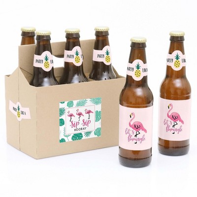 Big Dot of Happiness Pink Flamingo - Party Like a Pineapple - Tropical Summer Party Decorations for Women - 6 Beer Bottle Label Stickers and 1 Carrier