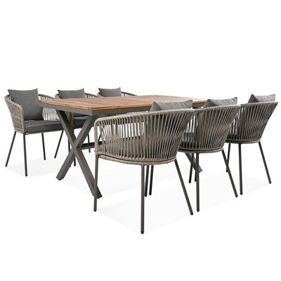 XINGHANZHENXUAN Beige 7-Piece Outdoor Dining Set with Acacia Wood Tabletop and Rope-Weaved Chairs for Garden, Backyard, or Balcony