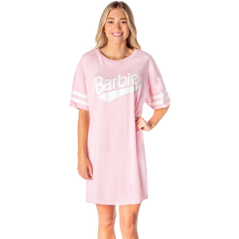 Barbie Womens' Classic Retro Title Logo Nightgown Sleep Pajama Shirt Pink, 1 of 5