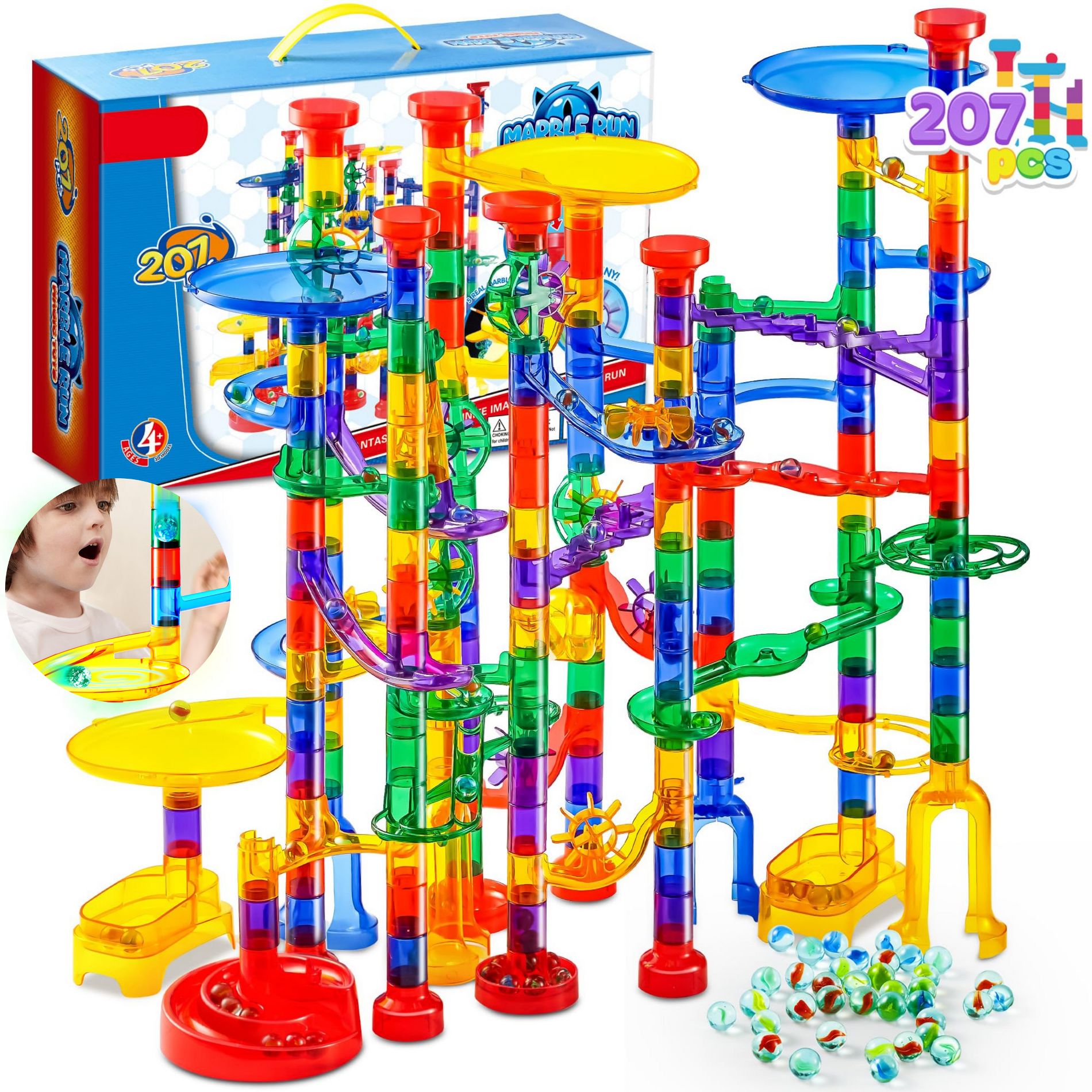 Joyfy 207Pcs Glowing Marble Run with 5 Glow in The Dark Glass Marbles, Construction Building Blocks Educational STEM Toy Boys Girls Birthday Xmas Gift