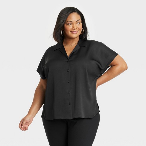 Women's Satin Short Sleeve Button-front Shirt - Ava u0026 Viv™ Black 3x : Target