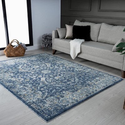 Blue 9' x 12' Oriental Synthetic Easy Care Area Rug