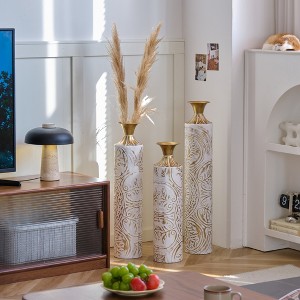 Gilded White Metal Vase Trio Set, 3D Floral Relief Cylinder Vases, Mother's Day Gift Home Décor Centerpiece - 1 of 4