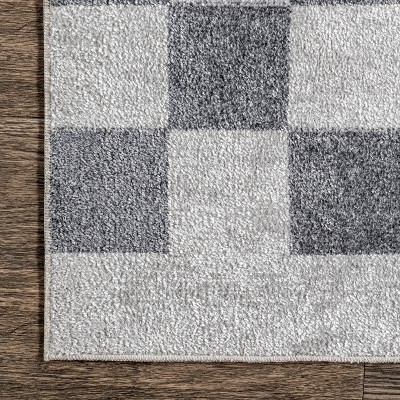 Blue and White Checkered Washable Synthetic Area Rug, 4x6