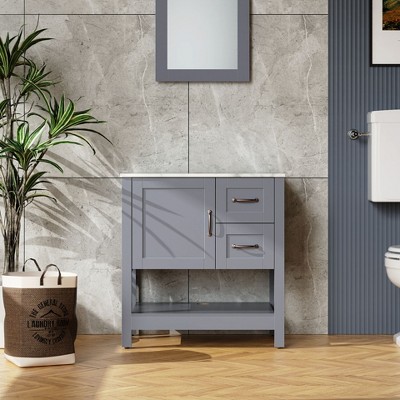 Lirago 30in Gray Bathroom Vanity with Mirror & Top-Marble Pattern Eco-Friendly MDF Soft-Close Hinges