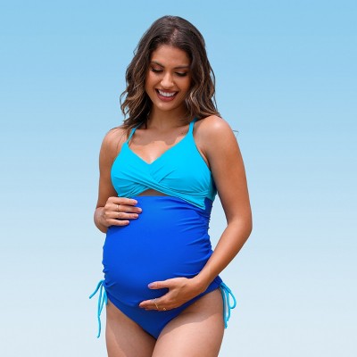 Women's Maternity Colorblock Cutout Ruched Standard Waist Tankini Sets Swimsuit - Cupshe